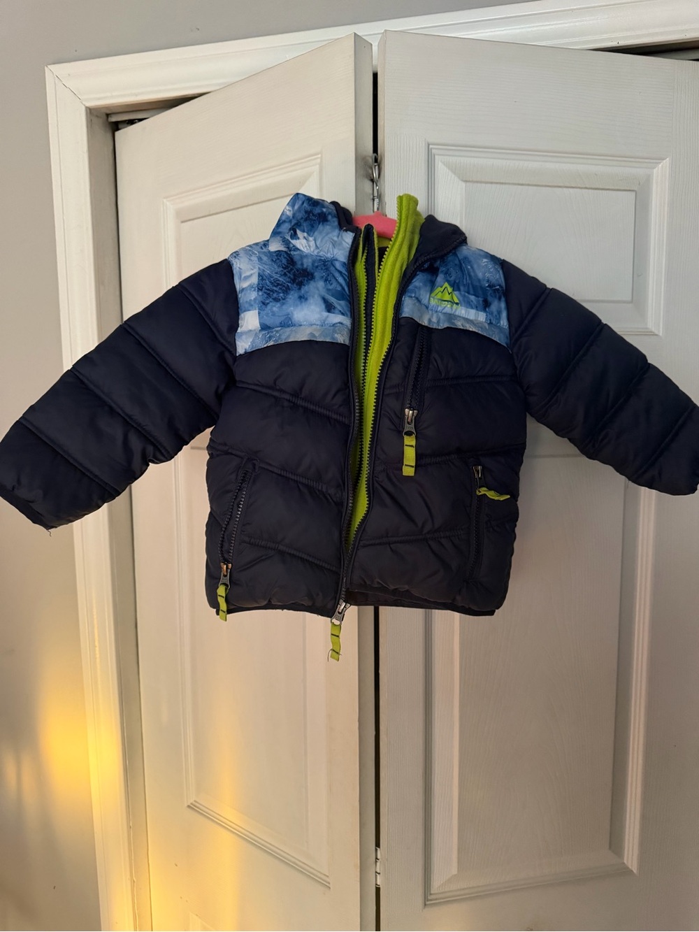 Snozu Navy Puffer Jacket with Blue Print and Lime Accents